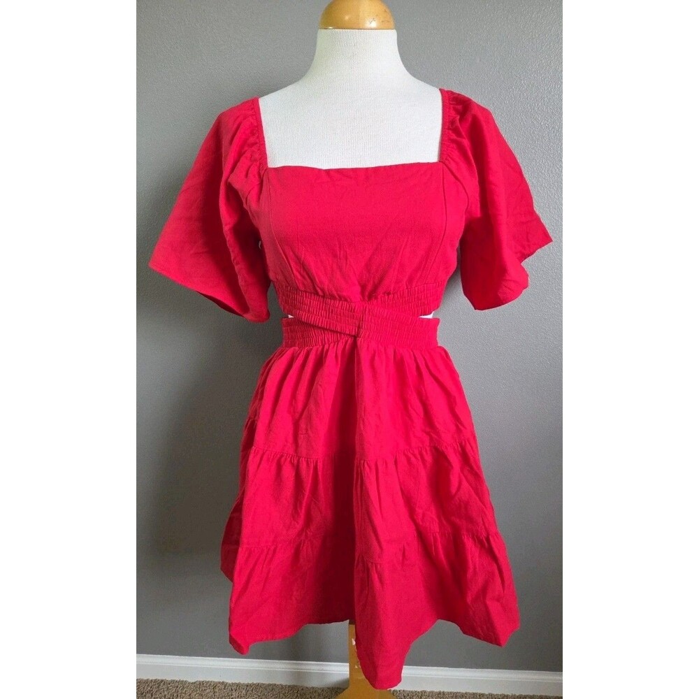 NWT Shy Velvet | Size M | Red Cutout Crossover Waist Mini Dress Flutter Sleeves